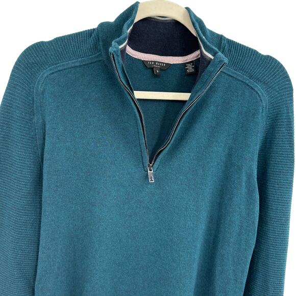 Ted Baker Justrun Teal Link Stitch Funnel Neck Sweater - Picture 7 of 12